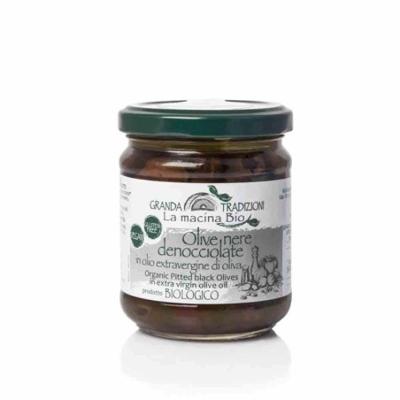 Schwarze entsteinte Oliven in nativem BIO-Olivenöl extra