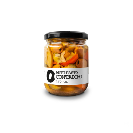 Zucchine, melanzane, peperoni, olive leccino e capperi conditi sott’olio